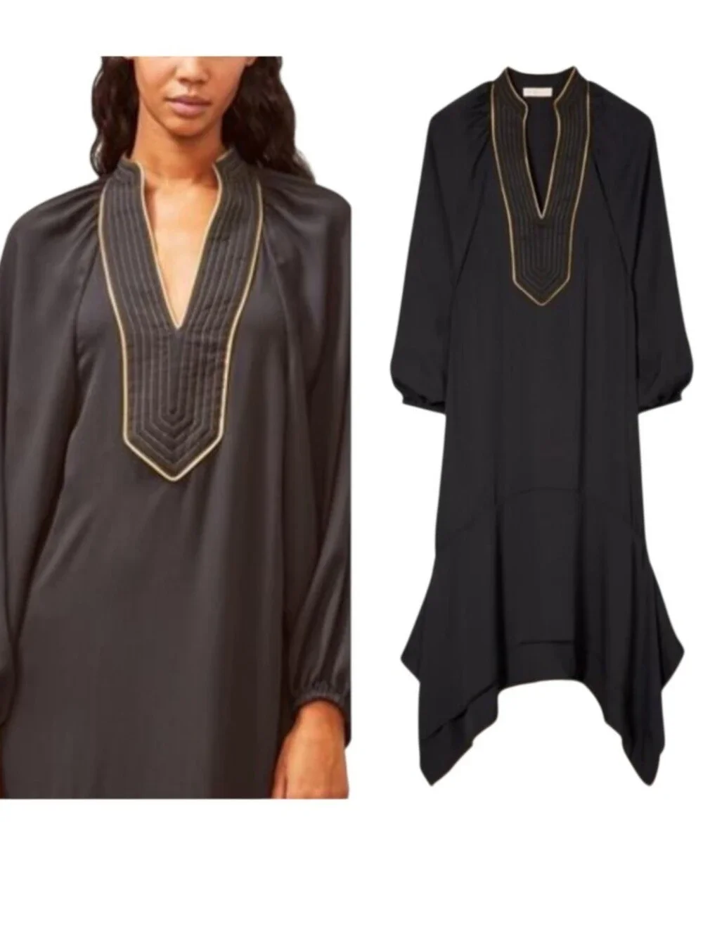 TORY BURCH EUC Black Puff Sleeve Asymmetrical Flounced Hem Tunic Midi Dress L